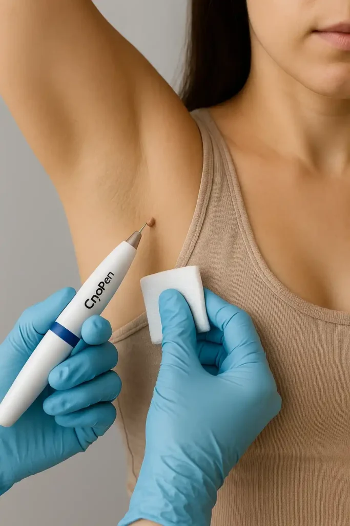 woman having cryopen to remove underarm skin tags Birmingham