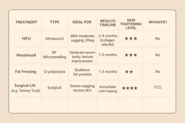 Table showing the comparisons of Skin tightening Birmingham treatment options.